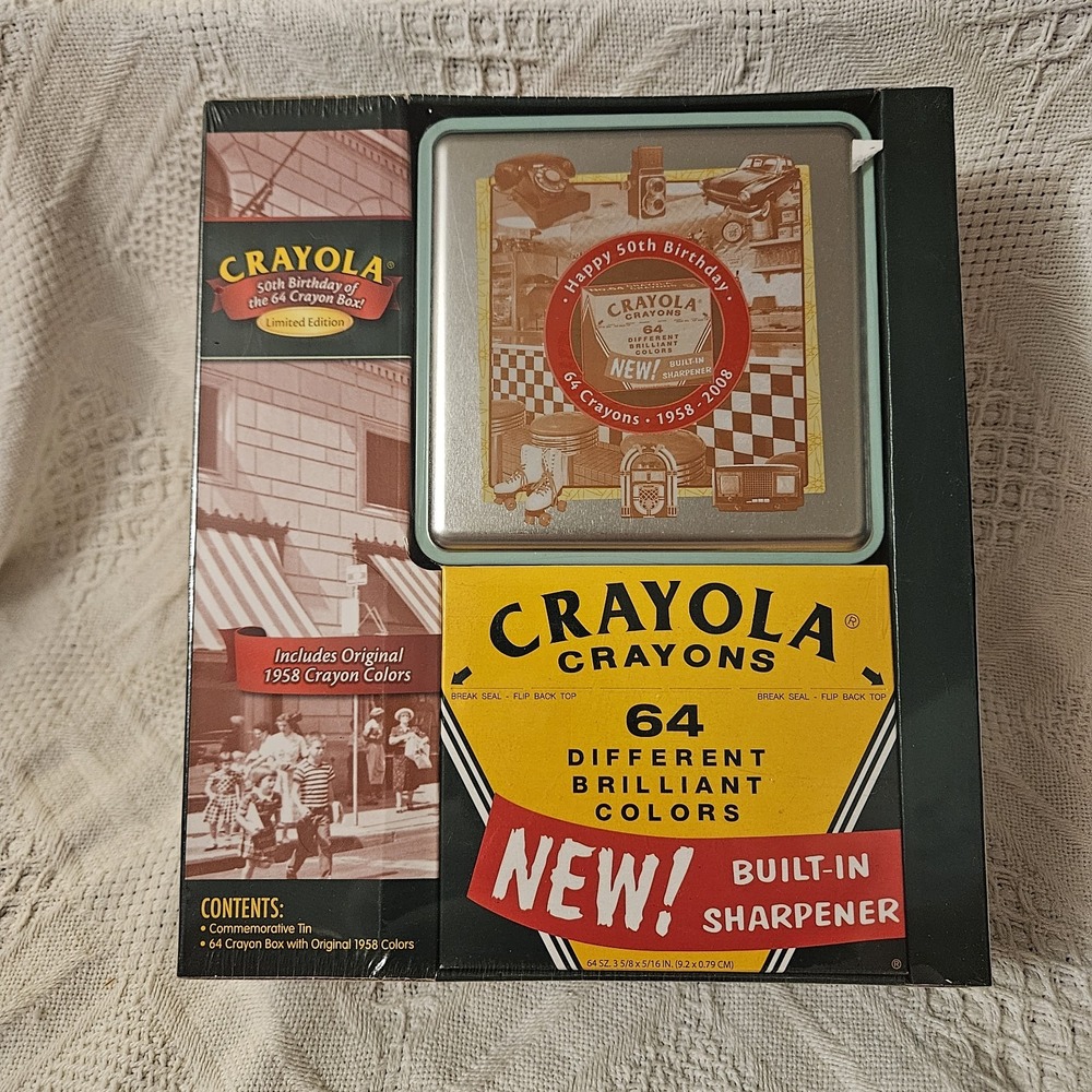 Crayola 50th Birthday 64-Crayon Limited Set 1958 colors Repro 2008 SEALED TIN